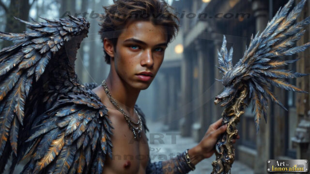 A Dark Angel with huge vibrate feathered wings, enormous and shimmering. Here is a raw, untamed energy that emanates from him. His presence is electrifying, drawing viewers in with his captivating gaze and formidable presence.