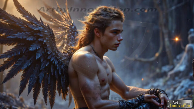 A Dark Angel with huge vibrate feathered wings, enormous and shimmering. Here is a raw, untamed energy that emanates from him. His presence is electrifying, drawing viewers in with his captivating gaze and formidable presence.