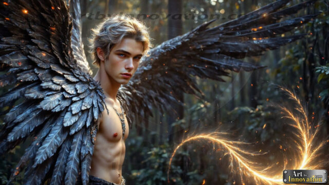 A Dark Angel with huge vibrate feathered wings, enormous and shimmering. Here is a raw, untamed energy that emanates from him. His presence is electrifying, drawing viewers in with his captivating gaze and formidable presence.
