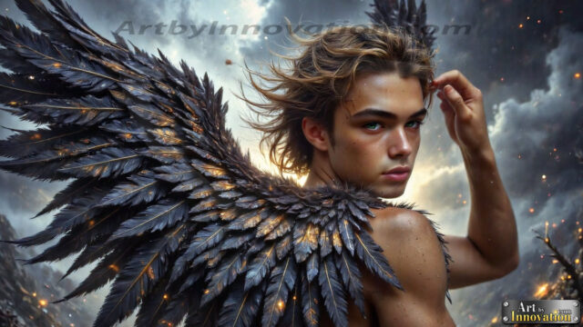 A Dark Angel with huge vibrate feathered wings, enormous and shimmering. Here is a raw, untamed energy that emanates from him. His presence is electrifying, drawing viewers in with his captivating gaze and formidable presence.