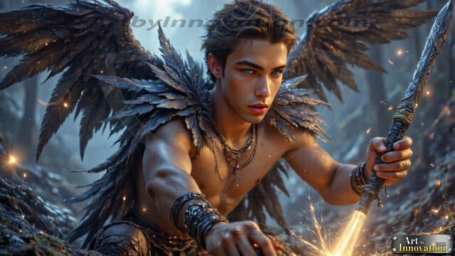 A Dark Angel with huge vibrate feathered wings, enormous and shimmering. Here is a raw, untamed energy that emanates from him. His presence is electrifying, drawing viewers in with his captivating gaze and formidable presence.
