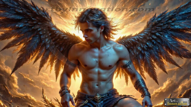 A Dark Angel with huge vibrate feathered wings, enormous and shimmering. Here is a raw, untamed energy that emanates from him. His presence is electrifying, drawing viewers in with his captivating gaze and formidable presence.