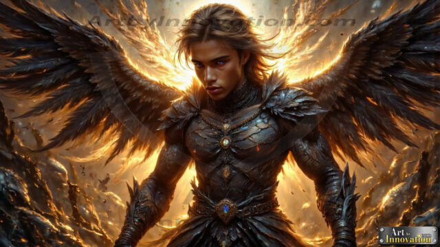 A Dark Angel with huge vibrate feathered wings, enormous and shimmering. Here is a raw, untamed energy that emanates from him. His presence is electrifying, drawing viewers in with his captivating gaze and formidable presence.