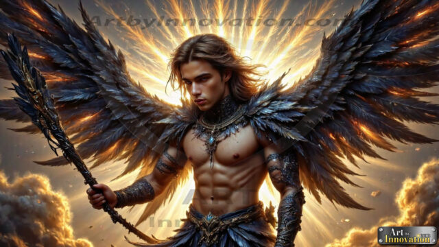 A Dark Angel with huge vibrate feathered wings, enormous and shimmering. Here is a raw, untamed energy that emanates from him. His presence is electrifying, drawing viewers in with his captivating gaze and formidable presence.