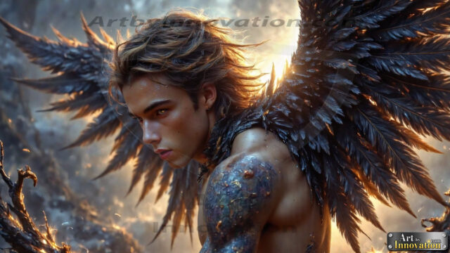 A Dark Angel with huge vibrate feathered wings, enormous and shimmering. Here is a raw, untamed energy that emanates from him. His presence is electrifying, drawing viewers in with his captivating gaze and formidable presence.