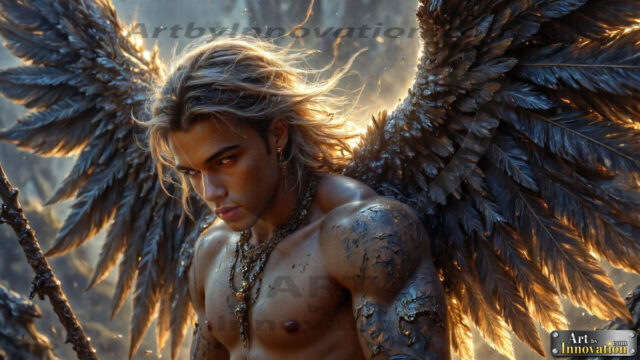 A Dark Angel with huge vibrate feathered wings, enormous and shimmering. Here is a raw, untamed energy that emanates from him. His presence is electrifying, drawing viewers in with his captivating gaze and formidable presence.