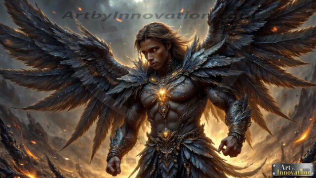 A Dark Angel with huge vibrate feathered wings, enormous and shimmering. Here is a raw, untamed energy that emanates from him. His presence is electrifying, drawing viewers in with his captivating gaze and formidable presence.