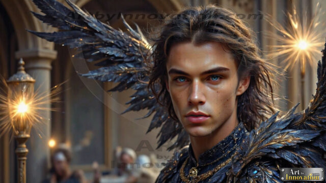 A Dark Angel with huge vibrate feathered wings, enormous and shimmering. Here is a raw, untamed energy that emanates from him. His presence is electrifying, drawing viewers in with his captivating gaze and formidable presence.