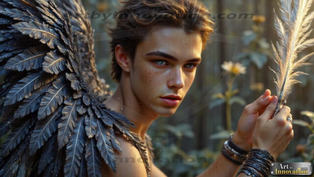A Dark Angel with huge vibrate feathered wings, enormous and shimmering. Here is a raw, untamed energy that emanates from him. His presence is electrifying, drawing viewers in with his captivating gaze and formidable presence.