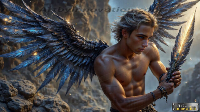 A Dark Angel with huge vibrate feathered wings, enormous and shimmering. Here is a raw, untamed energy that emanates from him. His presence is electrifying, drawing viewers in with his captivating gaze and formidable presence.