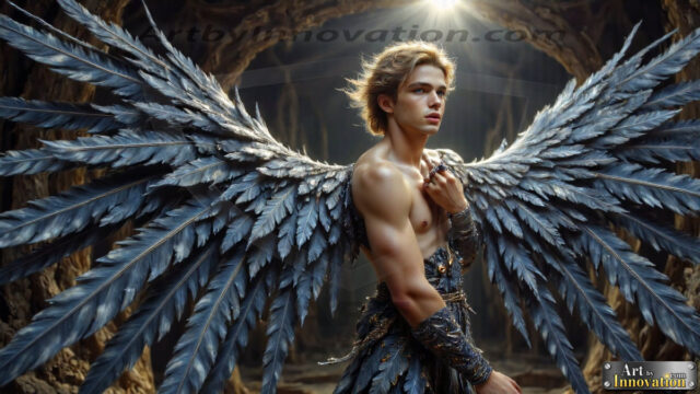 A Dark Angel with huge vibrate feathered wings, enormous and shimmering. Here is a raw, untamed energy that emanates from him. His presence is electrifying, drawing viewers in with his captivating gaze and formidable presence.