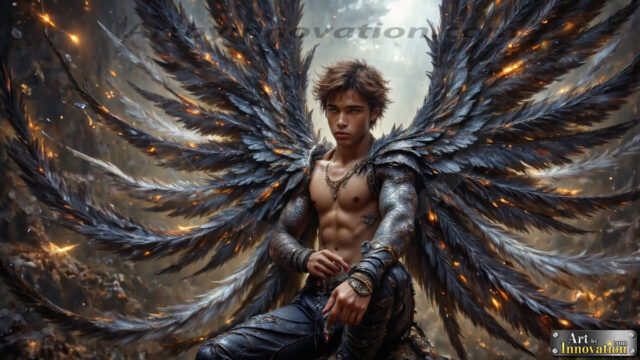 A Dark Angel with huge vibrate feathered wings, enormous and shimmering. Here is a raw, untamed energy that emanates from him. His presence is electrifying, drawing viewers in with his captivating gaze and formidable presence.