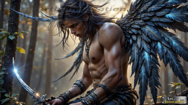 A Dark Angel with huge vibrate feathered wings, enormous and shimmering. Here is a raw, untamed energy that emanates from him. His presence is electrifying, drawing viewers in with his captivating gaze and formidable presence.