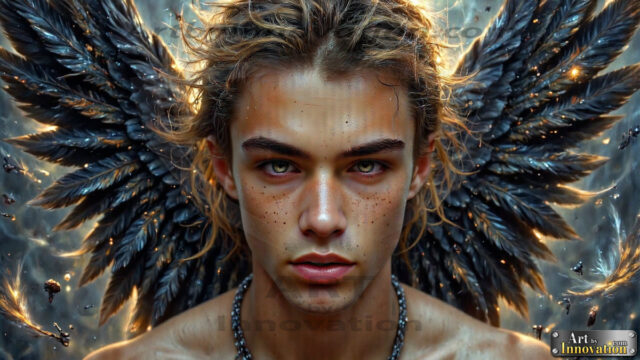 A Dark Angel with huge vibrate feathered wings, enormous and shimmering. Here is a raw, untamed energy that emanates from him. His presence is electrifying, drawing viewers in with his captivating gaze and formidable presence.