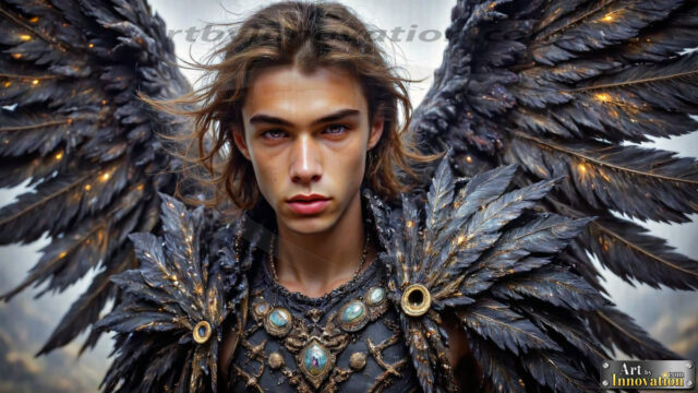 A Dark Angel with huge vibrate feathered wings, enormous and shimmering. Here is a raw, untamed energy that emanates from him. His presence is electrifying, drawing viewers in with his captivating gaze and formidable presence.