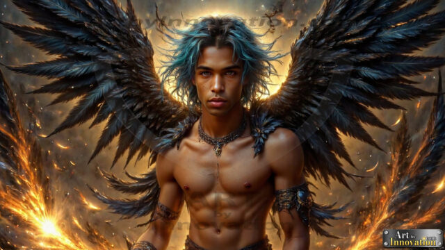 A Dark Angel with huge vibrate feathered wings, enormous and shimmering. Here is a raw, untamed energy that emanates from him. His presence is electrifying, drawing viewers in with his captivating gaze and formidable presence.