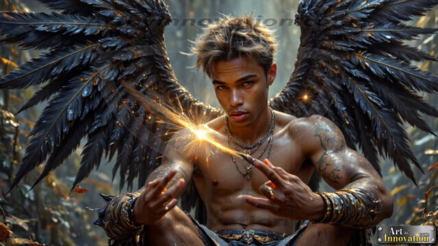 A Dark Angel with huge vibrate feathered wings, enormous and shimmering. Here is a raw, untamed energy that emanates from him. His presence is electrifying, drawing viewers in with his captivating gaze and formidable presence.