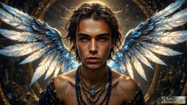 A Dark Angel with huge vibrate feathered wings, enormous and shimmering. Here is a raw, untamed energy that emanates from him. His presence is electrifying, drawing viewers in with his captivating gaze and formidable presence.
