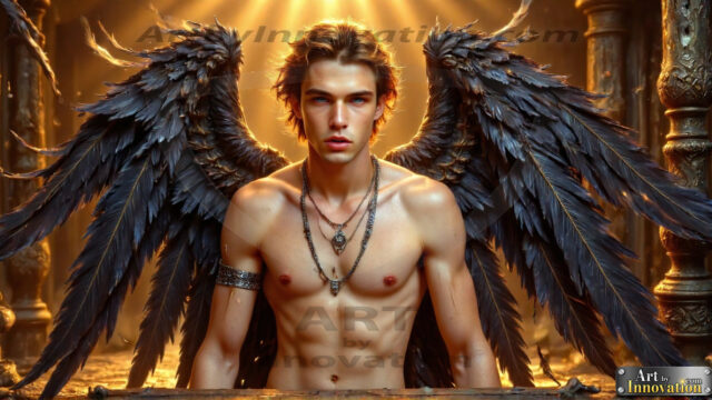 A Dark Angel with huge vibrate feathered wings, enormous and shimmering. Here is a raw, untamed energy that emanates from him. His presence is electrifying, drawing viewers in with his captivating gaze and formidable presence.