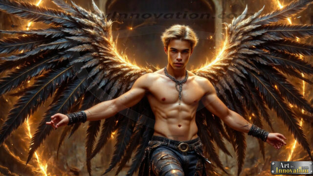 A Dark Angel with huge vibrate feathered wings, enormous and shimmering. Here is a raw, untamed energy that emanates from him. His presence is electrifying, drawing viewers in with his captivating gaze and formidable presence.
