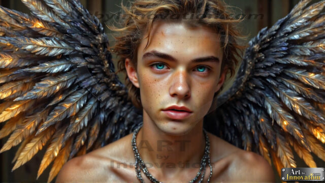 A Dark Angel with huge vibrate feathered wings, enormous and shimmering. Here is a raw, untamed energy that emanates from him. His presence is electrifying, drawing viewers in with his captivating gaze and formidable presence.