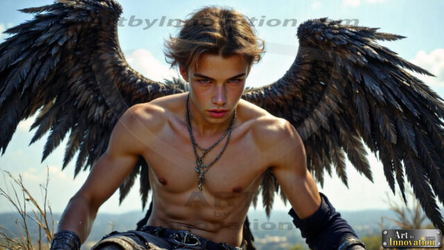 A Dark Angel with huge vibrate feathered wings, enormous and shimmering. Here is a raw, untamed energy that emanates from him. His presence is electrifying, drawing viewers in with his captivating gaze and formidable presence.