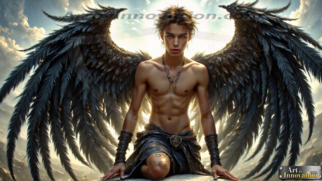 A Dark Angel with huge vibrate feathered wings, enormous and shimmering. Here is a raw, untamed energy that emanates from him. His presence is electrifying, drawing viewers in with his captivating gaze and formidable presence.