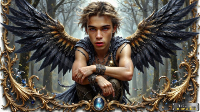 A Dark Angel with huge vibrate feathered wings, enormous and shimmering. Here is a raw, untamed energy that emanates from him. His presence is electrifying, drawing viewers in with his captivating gaze and formidable presence.