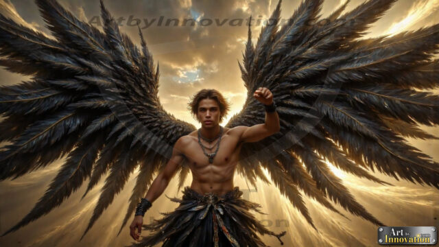 A Dark Angel with huge vibrate feathered wings, enormous and shimmering. Here is a raw, untamed energy that emanates from him. His presence is electrifying, drawing viewers in with his captivating gaze and formidable presence.