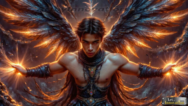 A Dark Angel with huge vibrate feathered wings, enormous and shimmering. Here is a raw, untamed energy that emanates from him. His presence is electrifying, drawing viewers in with his captivating gaze and formidable presence.