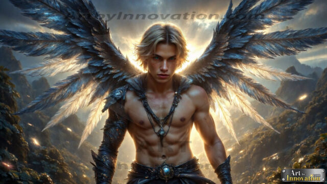 A Dark Angel with huge vibrate feathered wings, enormous and shimmering. Here is a raw, untamed energy that emanates from him. His presence is electrifying, drawing viewers in with his captivating gaze and formidable presence.