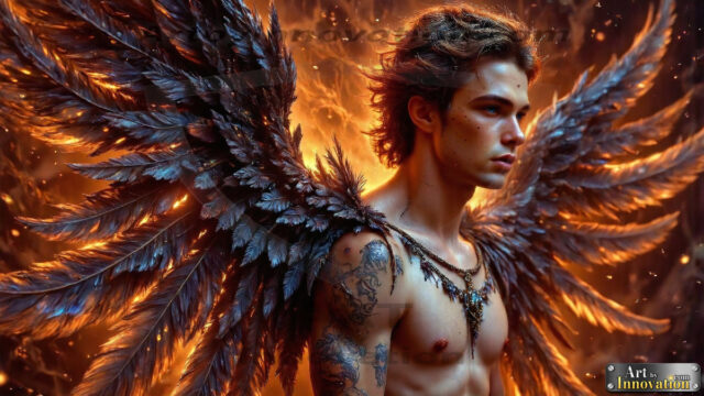 A Dark Angel with huge vibrate feathered wings, enormous and shimmering. Here is a raw, untamed energy that emanates from him. His presence is electrifying, drawing viewers in with his captivating gaze and formidable presence.