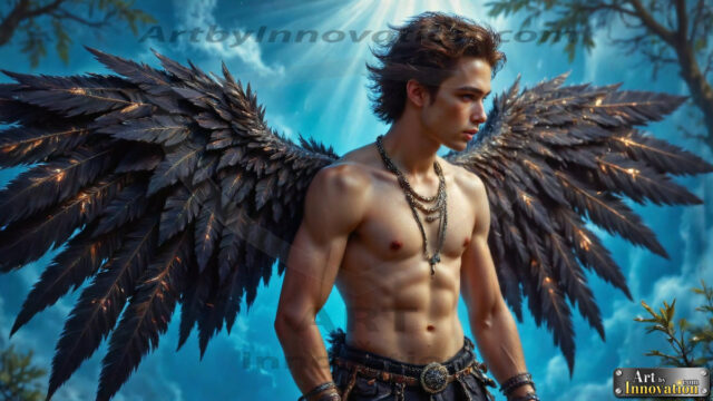 A Dark Angel with huge vibrate feathered wings, enormous and shimmering. Here is a raw, untamed energy that emanates from him. His presence is electrifying, drawing viewers in with his captivating gaze and formidable presence.