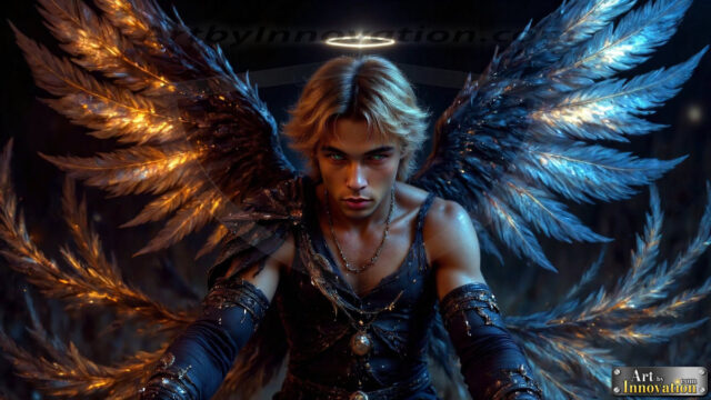 A Dark Angel with huge vibrate feathered wings, enormous and shimmering. Here is a raw, untamed energy that emanates from him. His presence is electrifying, drawing viewers in with his captivating gaze and formidable presence.