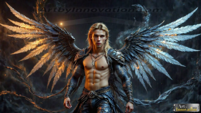 A Dark Angel with huge vibrate feathered wings, enormous and shimmering. Here is a raw, untamed energy that emanates from him. His presence is electrifying, drawing viewers in with his captivating gaze and formidable presence.