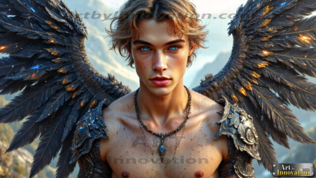 A Dark Angel with huge vibrate feathered wings, enormous and shimmering. Here is a raw, untamed energy that emanates from him. His presence is electrifying, drawing viewers in with his captivating gaze and formidable presence.
