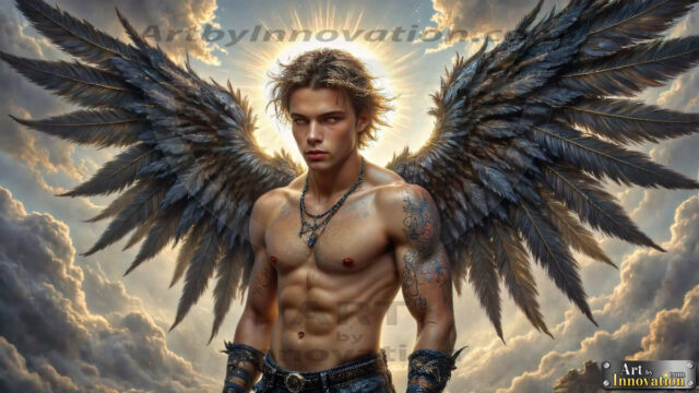 A Dark Angel with huge vibrate feathered wings, enormous and shimmering. Here is a raw, untamed energy that emanates from him. His presence is electrifying, drawing viewers in with his captivating gaze and formidable presence.