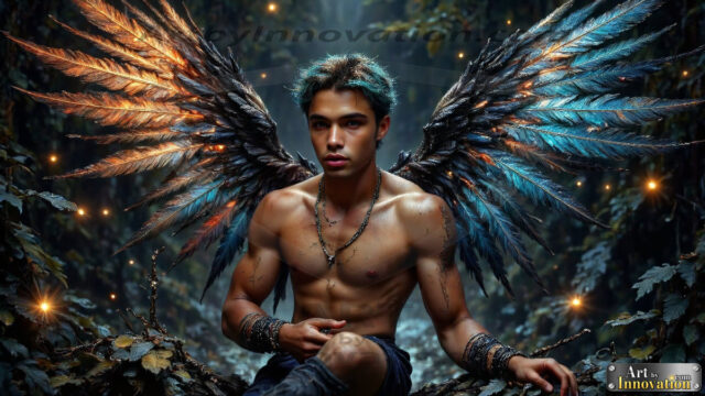 A Dark Angel with huge vibrate feathered wings, enormous and shimmering. Here is a raw, untamed energy that emanates from him. His presence is electrifying, drawing viewers in with his captivating gaze and formidable presence.