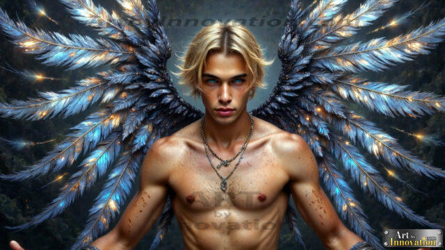 A Dark Angel with huge vibrate feathered wings, enormous and shimmering. Here is a raw, untamed energy that emanates from him. His presence is electrifying, drawing viewers in with his captivating gaze and formidable presence.