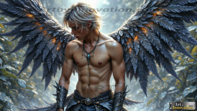 A Dark Angel with huge vibrate feathered wings, enormous and shimmering. Here is a raw, untamed energy that emanates from him. His presence is electrifying, drawing viewers in with his captivating gaze and formidable presence.