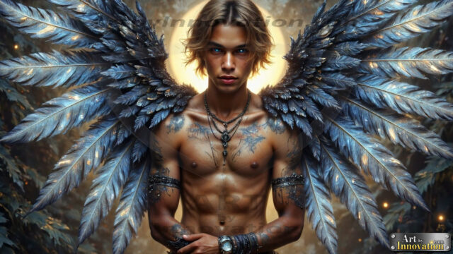 A Dark Angel with huge vibrate feathered wings, enormous and shimmering. Here is a raw, untamed energy that emanates from him. His presence is electrifying, drawing viewers in with his captivating gaze and formidable presence.