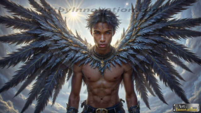 A Dark Angel with huge vibrate feathered wings, enormous and shimmering. Here is a raw, untamed energy that emanates from him. His presence is electrifying, drawing viewers in with his captivating gaze and formidable presence.