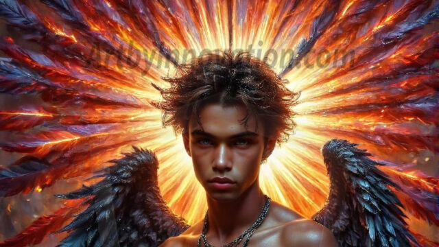 A Dark Angel with huge vibrate feathered wings, enormous and shimmering. Here is a raw, untamed energy that emanates from him. His presence is electrifying, drawing viewers in with his captivating gaze and formidable presence.