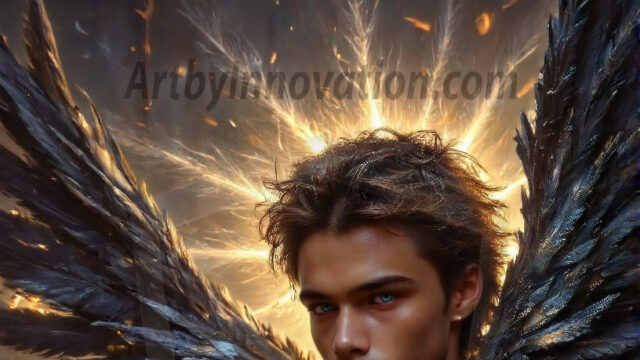 A Dark Angel with huge vibrate feathered wings, enormous and shimmering. Here is a raw, untamed energy that emanates from him. His presence is electrifying, drawing viewers in with his captivating gaze and formidable presence.