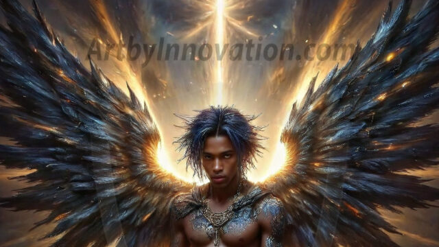 A Dark Angel with huge vibrate feathered wings, enormous and shimmering. Here is a raw, untamed energy that emanates from him. His presence is electrifying, drawing viewers in with his captivating gaze and formidable presence.