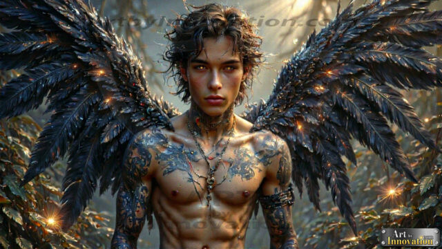 A Dark Angel with huge vibrate feathered wings, enormous and shimmering. Here is a raw, untamed energy that emanates from him. His presence is electrifying, drawing viewers in with his captivating gaze and formidable presence.