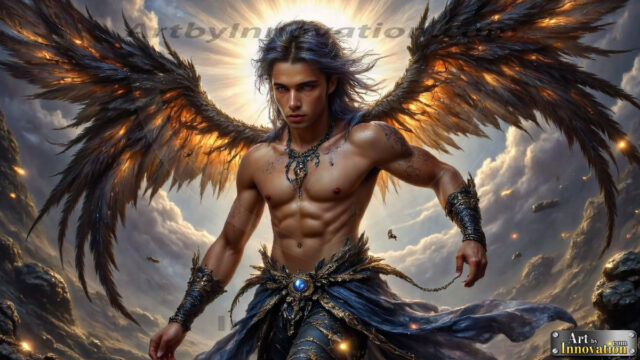 A Dark Angel with huge vibrate feathered wings, enormous and shimmering. Here is a raw, untamed energy that emanates from him. His presence is electrifying, drawing viewers in with his captivating gaze and formidable presence.