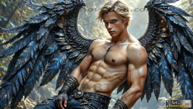A Dark Angel with huge vibrate feathered wings, enormous and shimmering. Here is a raw, untamed energy that emanates from him. His presence is electrifying, drawing viewers in with his captivating gaze and formidable presence.