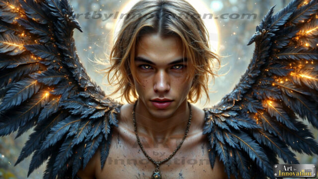 A Dark Angel with huge vibrate feathered wings, enormous and shimmering. Here is a raw, untamed energy that emanates from him. His presence is electrifying, drawing viewers in with his captivating gaze and formidable presence.