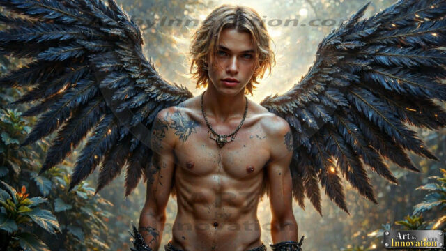 A Dark Angel with huge vibrate feathered wings, enormous and shimmering. Here is a raw, untamed energy that emanates from him. His presence is electrifying, drawing viewers in with his captivating gaze and formidable presence.